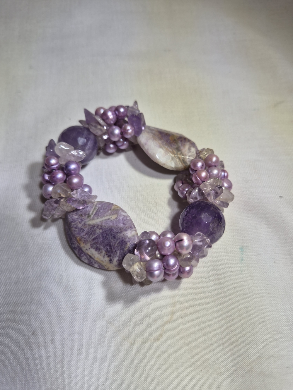 Handmade Chunky Gemstone Bracelet Amethyst Charoite & Lavender Freshwater Pearl